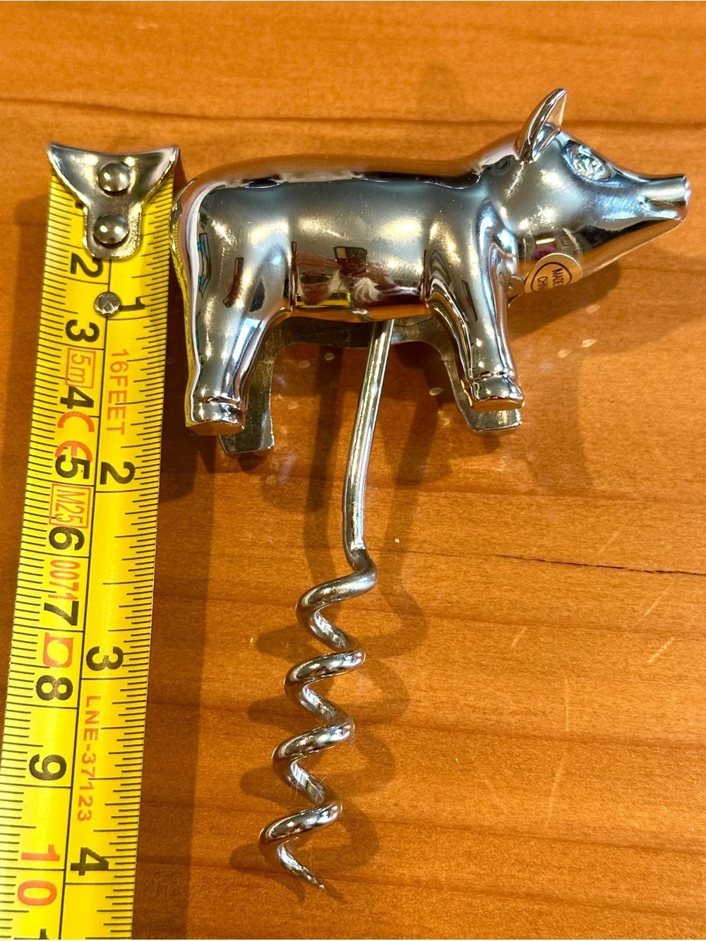 Chrome Silver Metal Figural Pig Wine Bottle Opener Tail Corkscrew Barware - Cute